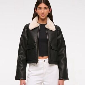 Abercrombie Women's Black Vegan Leather Jacket with Cream Collar